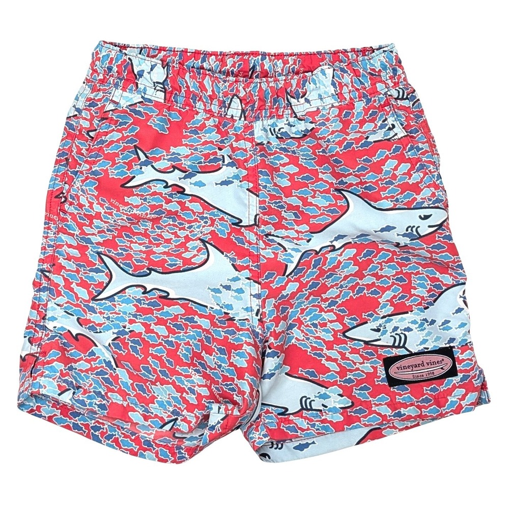 Vineyard Vines Boys Shark Print Swim Trunks 2T Red Blue Beach Shorts